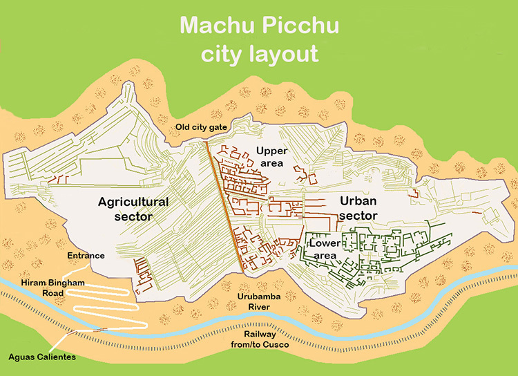 Map showing the city layout of Machu Picchu