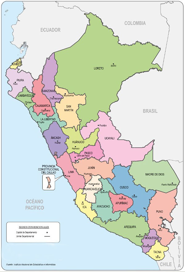 Map of Peru indicating neighboring countries and regions of Peru